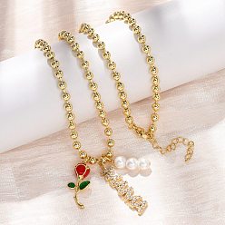 Настоящее золото 18K Подвеска-колье ко Дню матери из латуни с микропаве из прозрачного кубического циркония и эмалью в виде красной розы., с искусственными жемчужными бусинами, без кадмия и без свинца, долговечный, стойки покрытие, реальный 18 k позолоченный, 17.24 дюйм (43.8 см)