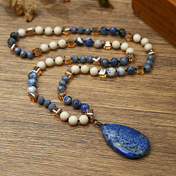 Ляпис-Лазурь Натуральный лазурит плоская каплевидная подвеска круглые камни и кубические стеклянные бусины длинные ожерелья для женщин, 29.92 дюйм (76 см)