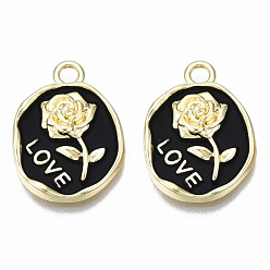 Черный Стойки обшивки сплава эмали подвески, золотой свет, без кадмия, без никеля и без свинца, овал с розой и словом любовь, чёрные, 21x16x3 мм, отверстие : 1.6 мм