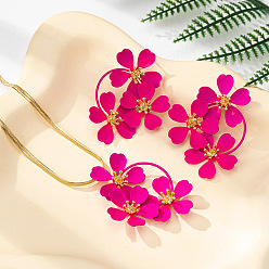 Темно-Розовый Наборы из цветочных железных сережек-гвоздиков и ожерелий с подвесками для женщин, темно-розовыми, 360 мм