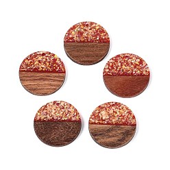 Темно-Красный Подвески из непрозрачной смолы и орехового дерева, плоские круглые прелести, с блестящей пудрой и золотой фольгой, темно-красный, 28x3~4 мм, отверстие : 2 мм