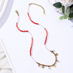 Красный Бохо 304 подвеска из нержавеющей стали с кристаллами, стразами и кисточкой из стеклянных бусин для женщин, золотые, красные, 16.54 дюйм (42 см)