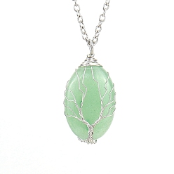 Green Aventurine Natural Green Aventurine Oval Pendant Necklace with Platinum Alloy Chains, 20.87 inch(53cm)
