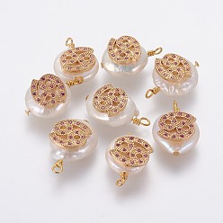 Cancer Natural Cultured Freshwater Pearl Pendants, with Brass Micro Pave Cubic Zirconia Findings, Nuggets with Constellation, Golden, Fuchsia, Cancer, 17~22x11~16x5~11mm, Hole: 1.6mm