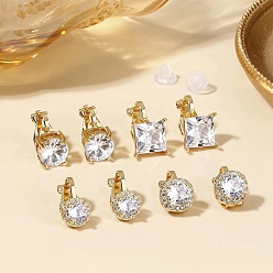 Золотой Латунные серьги-манжеты из прозрачного кубического циркония, с силиконовым, Плоский круглый и квадратный, золотые, 13~14x6~11 мм, 4 пар / набор