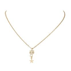 Золотой Подвеска с изображением кошки со звездой из латуни с микропаве из прозрачных кубических цирконий 304 Женские ожерелья-цепочки из нержавеющей стали, золотые, 17.72 дюйм (45 см)