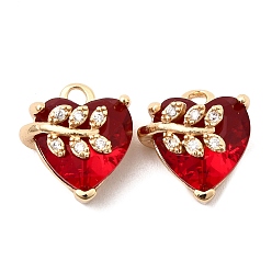 Красный Латунные микро проложить кубического циркония подвески, сердце с подвесками в виде листьев, со стеклом, долговечный, золотые, красные, 12.5x10.5x8 мм, отверстие : 1.4 мм