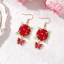 Красный 304 серьги-подвески в виде цветка и бабочки из нержавеющей стали, со стеклянными бусинами и эмалированными подвесками из сплава, стеклянными бусинами и акриловыми подвесками, золотые, красные, 53.5x20.5 мм