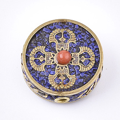 Королевский синий Индонезийские бусины ручной работы, с латунной фурнитурой , плоско-круглые, золотые, королевский синий, 22x21x11 мм, отверстие : 2 мм