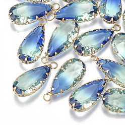 Разноцветный Двухцветные стеклянные подвески, с латунной фурнитурой , граненые, слеза, золотые, красочный, 24x10.5x6 мм, отверстие : 1.5 мм