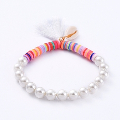 Blanc Bracelets élastiques à pampilles, perles de heishi en pâte polymère faites main, perles nacrées et perles nacrées naturelles, blanc, 2-1/4 pouce (5.7 cm)