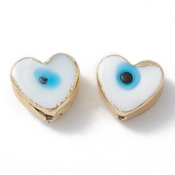 White Brass Beads, with Enamel, Real 18K Gold Plated, Heart with Evil Eye, White, 14.5x16x7mm, Hole: 1.6mm