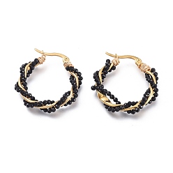 Schwarz 304 Edelstahl Creolen Ohrstecker , Perlenohrringe, mit facettierten runden Glasperlen, Verdrehter Ring, golden, Schwarz, 30x28x5.5 mm, Stift: 0.7x1 mm
