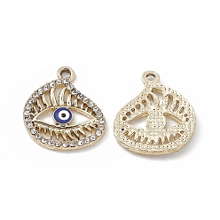 Light Gold Сплава кристалла горный хрусталь подвески, с эмалью, плоские круглые с глаз, золотой свет, 22x19.5x2 мм, отверстие : 1.8 мм