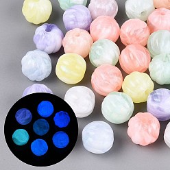 Mixed Color Luminous Two Tone Color Transparent Acrylic Beads, Pumpkin, Glow in the Dark, with Glitter Powder, Mixed Color, 15mm, Hole: 2.5mm, about 250pcs/500g