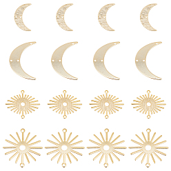 Настоящее золото 24K 16шт 4 стили латунные люстры компоненты ссылки, долговечный, полумесяц/двойной рог и солнце, реальный 24 k позолоченный, 21.5~30x12.5~28x0.5~0.8 мм, отверстие : 1.2~1.8 мм, 4 шт / стиль