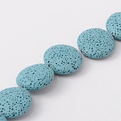Светло-Синий Бусы из натуральной лавы, плоско-круглые, окрашенные, голубой, 20~21.5x7~8 мм, отверстие : 1 мм, около 19 шт / нитка, 15.35 дюйм