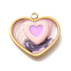 Бледно-Розовый 304 нержавеющей стальной эмали подвески, сердце прелести, реальный 18 k позолоченный, розовый жемчуг, 14.5x16x3 мм, отверстие : 1.5 мм