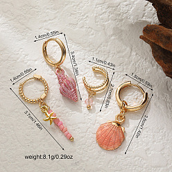 Pink 4комплекты из латунных стеклянных серег-колец и серег-манжет, форма раковины и морская звезда, с эмалью, золотые, розовые, 21~37x11~15 мм