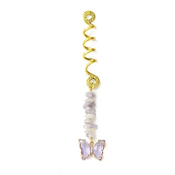 Améthyste Perles de dreadlocks en alliage, Pendentifs pour cheveux tressés en verre papillon et éclats d'améthyste lavande naturelle, clips décoratifs, pour la coiffure, 113mm, Trou: 4.5mm, diamètre intérieur: 8 mm