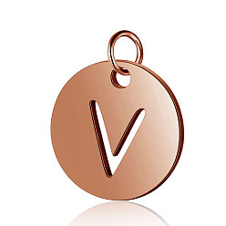 Letter V 304 прелести нержавеющей стали, плоские круглые с буквы, розовое золото , letter.v, 12x1 мм, отверстие : 2.5 мм