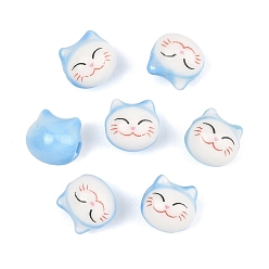 Sky Blue Handmade Porcelain Beads, Cat Shape, Sky Blue, 9x9.5x8~8.5mm, Hole: 1.8~2mm