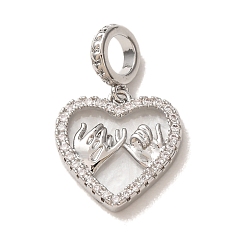Platino Dije colgante europeo de latón con micro pavé de circonitas cúbicas transparentes, Grandes colgantes agujero, corazón con promesa meñique, con cáscara natural, Platino, 23 mm, agujero: 4.5 mm