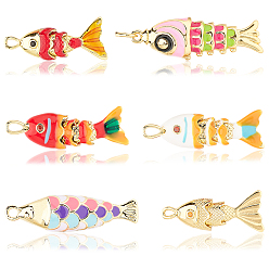 Mixed Color 6Pcs 6 Styles Rack Plating Brass Pendants, with Cubic Zirconia and Enamel, Fish Charms, Long-Lasting Plated, Golden, Mixed Color, 22~29x8~9.5x5~7mm, Hole: 1~3mm, 1pc/style