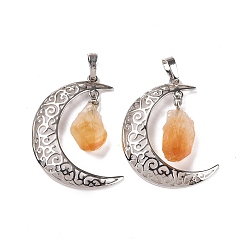 Цитрин Естественно цитрин самородки подвески, Луна прелести, латунная фурнитура с платиновым покрытием, 38.5~40x27~28x2 мм, отверстие : 7x5 мм
