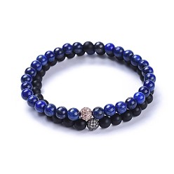 Ляпис-Лазурь Наборы эластичных браслетов из натуральных черных агатовых (окрашенных) бусин и натуральных ляпис-лазури (окрашенных) бусин, с латунной бусиной из микропаве из кубического циркония, матовые, металлический черный & розовый золотой, 2-1/8 дюйм (5.5 см), 2 шт / комплект