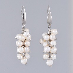 White Dangle Earrings, with Natural Pearl, 304 Stainless Steel Earring Hooks and Cardboard Jewelry Set Boxes, White, 55mm, Pin: 0.7mm