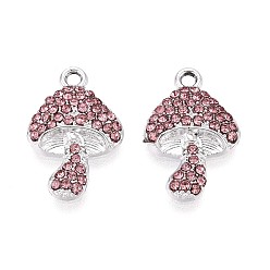 Розовый Подвески из сплава со стразами, гриб, без кадмия, без никеля и без свинца, платина, светло-розовый, 19x12.5x3 мм, отверстие : 1.6 мм