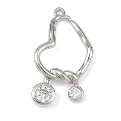 Платина Латунные микропаве прозрачные подвески с фианитом, кольцо в форме сердца с плоским кругом, без кадмия, без никеля и без свинца, платина, 17.5x11x2.5 мм, отверстие : 1.2 мм