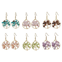 Смешанные камни Серьги с подвесками из натуральной смешанной каменной крошки, серьги-подвески «Древо жизни» из медной проволоки, 45~47x24~25 мм