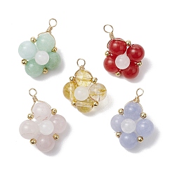 (52) Непрозрачная лаванда Подвески из натурального малайзийского нефрита, кварца, кварцевого кристалла и розового кварца в виде клевера, амулеты из медной проволоки, реальный 18 k позолоченный, смешанные окрашенные и неокрашенные, разноцветные, 25x20.5x15 мм, отверстие : 3 мм