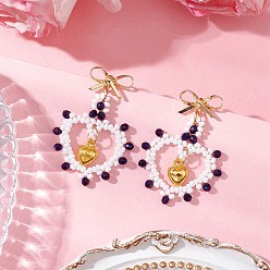 Белый Стеклянные бусины висят серьги, с латунными серьгами, бантом с сердцем, золотые, белые, 41x29 мм