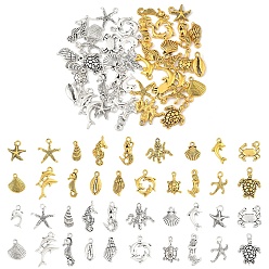 Античный Серебрянный & Античный Золотой 2сумки 2цветные подвески из сплава в тибетском стиле, океан, морская звезда, набор подвесок серии «ракушка и дельфин», старинное серебро и античный золотой, 16~28x6~20x1~4.5 мм, отверстие : 1~2.5 мм, 1 сумка / цвет