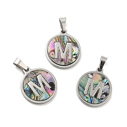 Letter M 304 нержавеющая сталь с подвесками из ракушек пауа, цвет нержавеющей стали, плоский круглый с подвеской в виде буквы, letter.m, 18x16x1.5 мм, отверстие : 3x6 мм