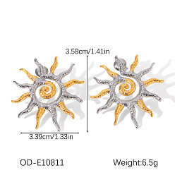 Sun Two Tone 304 Stainless Steel Stud Earrings, Golden & Stainless Steel Color, Sun, 35.8x33.9mm