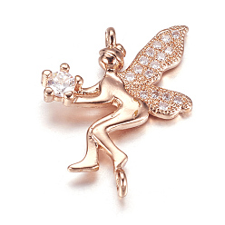 Rose Gold Brass Micro Pave Cubic Zirconia Pendants, Fairy, Rose Gold, 20x16.5x3mm, Hole: 1mm