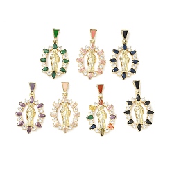 Mixed Color Religion Brass Pave Cubic Zirconia Pendants, with Enamel, Oval with Saint Jude Charms, Lead Free & Cadmium Free, Long-Lasting Plated, Rack Plating, Real 18K Gold Plated, Mixed Color, 36mm, Pendant: 29x20x4mm, Hole: 5.5x3mm