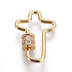 Oro Latón micro pave cubic zirconia tornillo mosquetón cerradura encantos, para hacer collares, cruzar, Claro, dorado, 30x21x2~5.5 mm