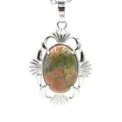 Унакит Природные подвески Unakite, подвески-цветы из латуни платинового тона, 34x25x9 мм