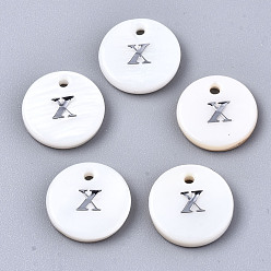 Letter X Natural Freshwater Shell Pendants, with Platinum Plated Iron Etched Metal Embellishments, Flat Round with Initial Letter, White, Letter.X, 11x2mm, Hole: 1.5mm
