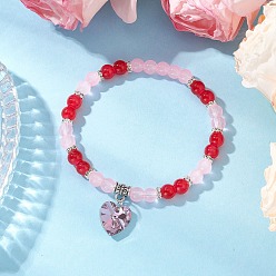 Pink Браслеты с подвесками из круглого бисера, имитирующего нефрит, окрашенного методом запекания, с подвесками в виде граненых стеклянных сердечек и латунными бусинами-разделителями из стразов, розовые, внутренний диаметр: 2-1/8 дюйм (5.5 см)