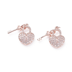 Розовое Золото Латунные микро проложить кубического циркония подвески, с паяными кольцами, замок сердце и ключ, прозрачные, розовое золото , заблокировать: 17x11.5x3 мм, Ключ: 12x5x1.5 мм, отверстие : 2.2 мм