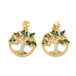 Verde Micro latón allanan colgantes cúbicos del zirconia, Anillo con dijes del árbol de la vida, sin plomo y cadmio, dorado, verde, 20x19x4 mm, agujero: 5x3 mm