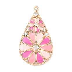Pink Подвески из эмали и сплава, со стразами, слезинка с цветочным шармом, розовые, 44x24x3 мм, отверстие : 1.6 мм