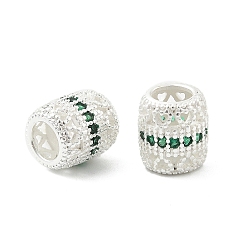 Зеленый Латунные микро проложить Цирконий Европейский бисером, бусины с большим отверстием, баррель, стойки покрытие, без кадмия и без свинца, долговечный, серебряные, зелёные, 10x9 мм, отверстие : 5 мм
