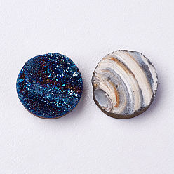 Blue Plated Electroplated Natural Druzy Agate Cabochons, Flat Round, Blue Plated, 12x4~8mm
